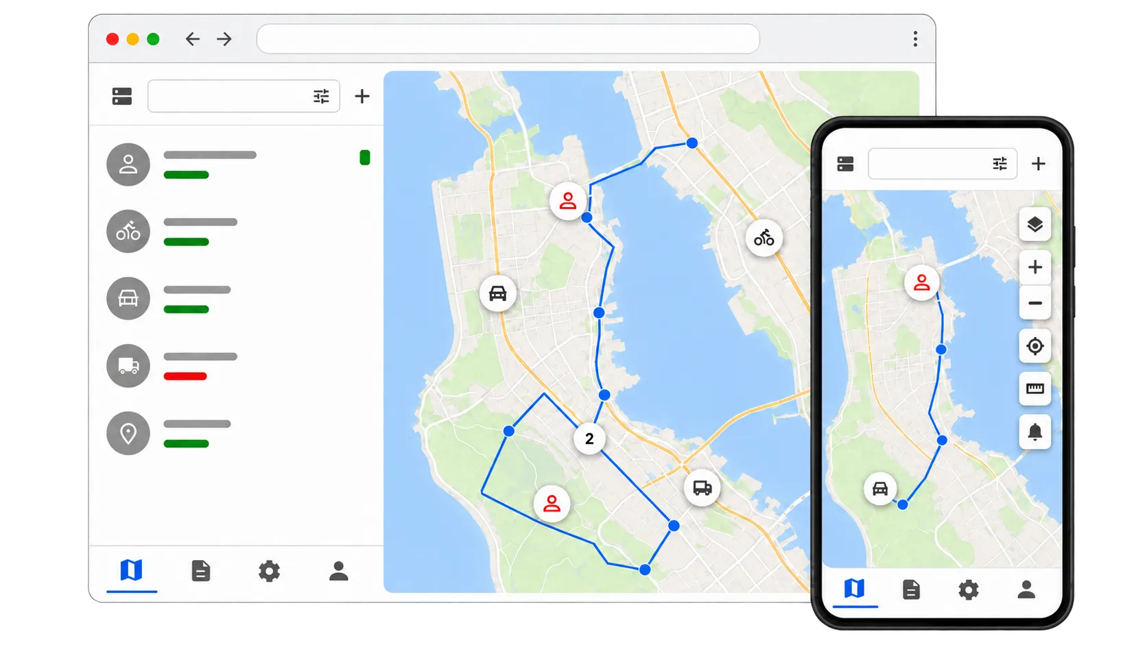 Traccar GPS tracking interface on desktop and mobile